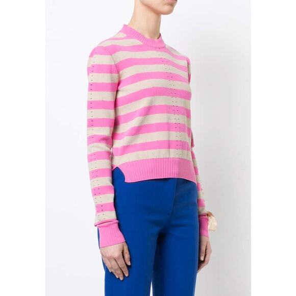Fendi Striped Crew Neck Sweater Hot Pink Tan IT 44 US 8 Med. Logo Knit Pullover - Picture 1 of 10
